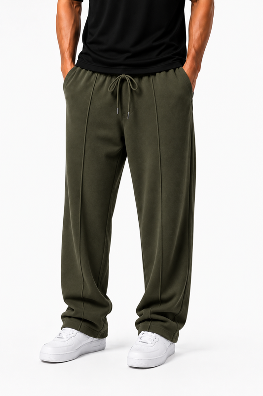 MEN'S OLIVE GREEN PLEATED BAGGY TROUSERS